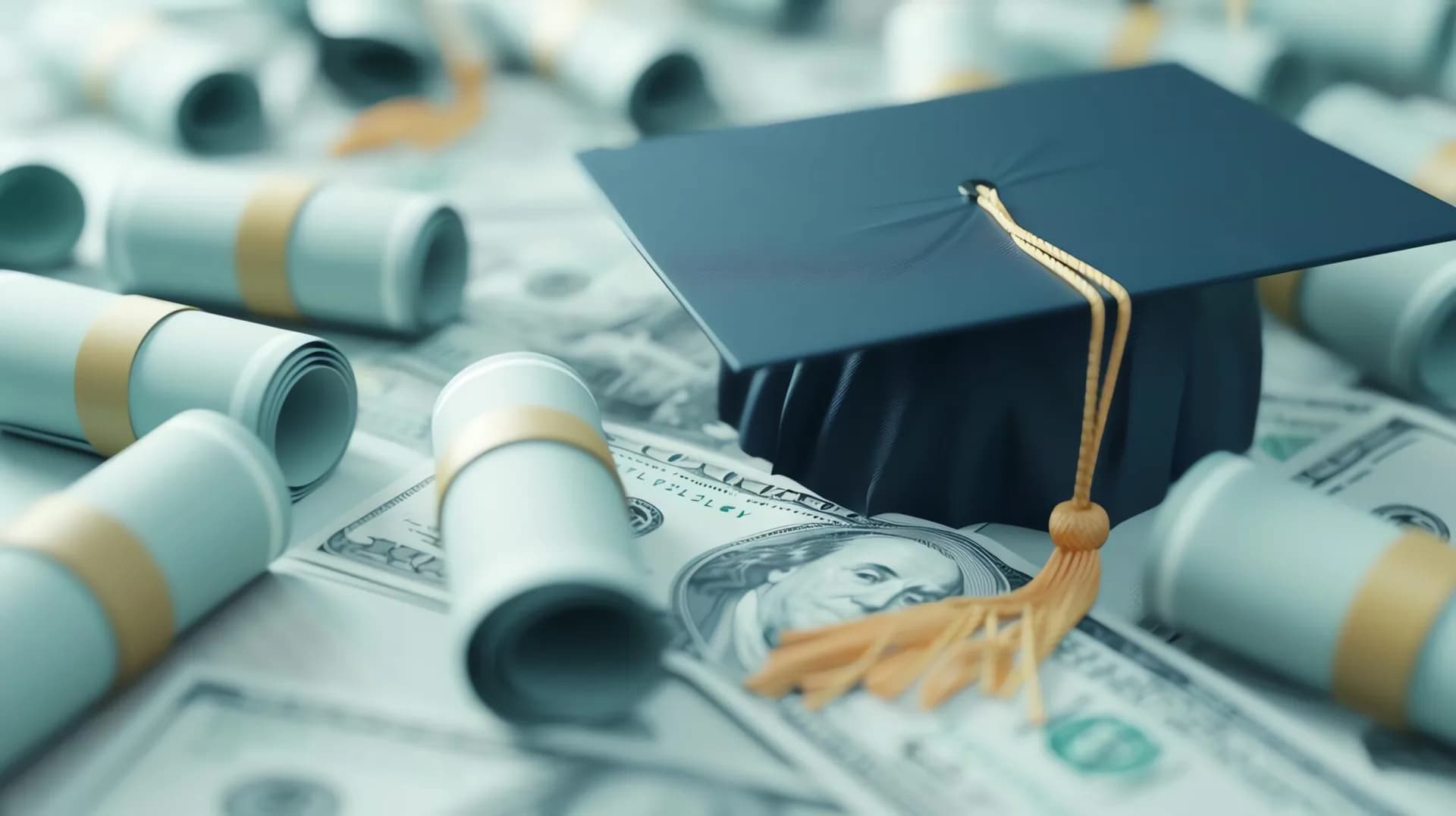 Graduation cap resting on rolled diplomas and dollar bills