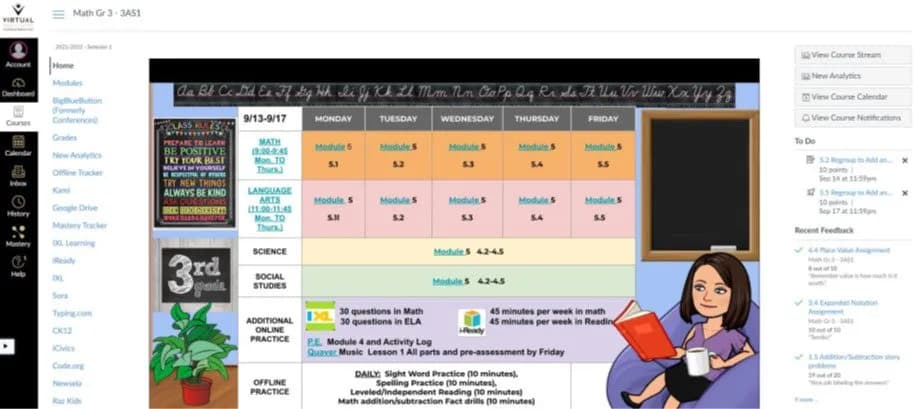A 3rd grade course dashboard showing the weekly schedule by subject and the To Do list